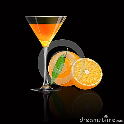 Orange juice and fresh orange on black background Vector Illustration