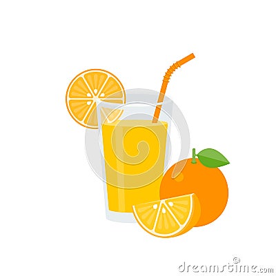 Orange juice in glass with green straw and ripe Vector Illustration