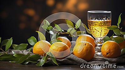 Orange juice in glass with ice, whole oranges, green twigs, gray burlap on table. On dark background with bokeh. Healthy eating. Stock Photo