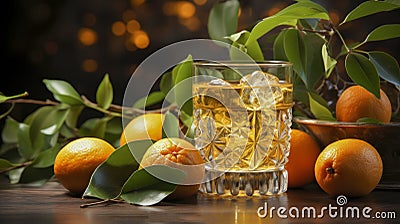 Orange juice in glass with ice, whole oranges with green twigs on table. On dark background with bokeh. Healthy eating. Stock Photo