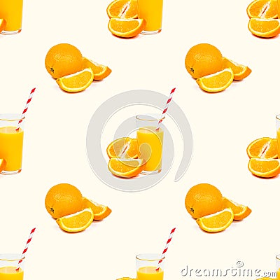 Orange juice in a glass with pieces repeat seamless pattern on light background. Stock Photo
