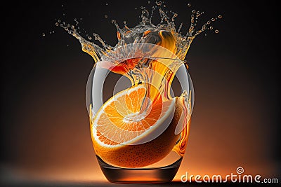 Orange juice glass. Juice splashes. Refreshig fruits concept. Liquid fruits. Generative AI Stock Photo