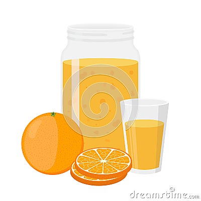 Orange juice, orange and slices. Cartoon flat style Vector Illustration