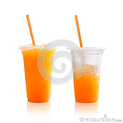 Orange juice in plastic glass isolated on white background. Healthy drink with sweet and sour taste. Clipping paths or cut out Stock Photo