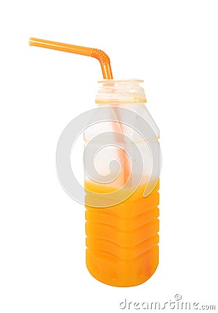 The Orange juice in plastic half bottle with a straw on white background Stock Photo