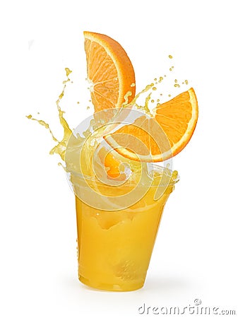 Orange juice splash with oranges in a plastic cup Stock Photo