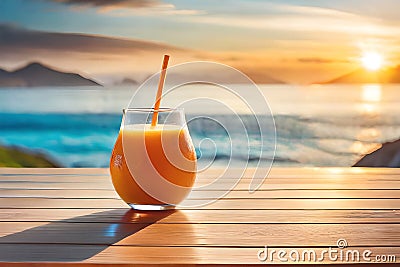 Orange juice on a wooden table with a view of the beach and the evening sky, Generative AI Stock Photo