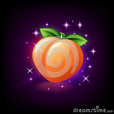 Orange juicy peach fruit with green leaf, slot icon for online casino or logo for mobile game on dark purple background Vector Illustration