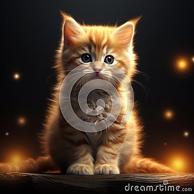 an orange kitten is sitting on a wooden table in front of glowing stars Stock Photo