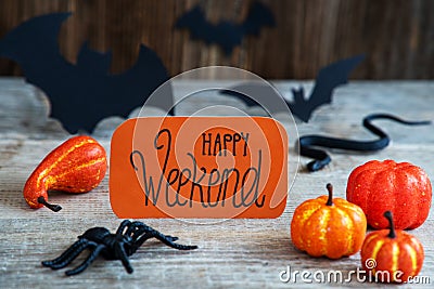 Orange Label, Calligraphy Happy Weekend, Scary Halloween Decoration Stock Photo