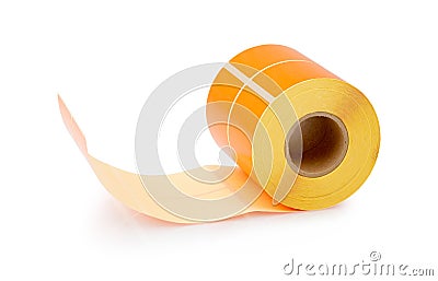 Orange label roll isolated on white background with shadow reflection - clipping path. Color reel of labels for printers. Labels Stock Photo