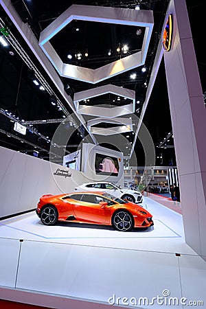 Orange Lamborghini Parked at a motor show. Editorial Stock Photo