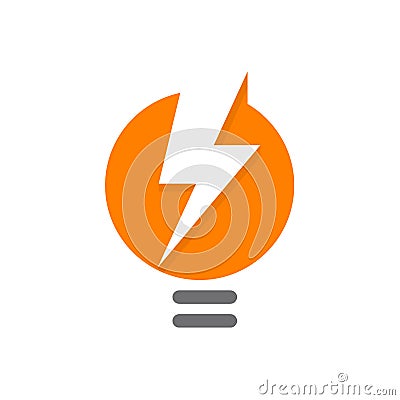 Orange lamp abstract logo, lighbulb with white silhouette of lightning, electrical energy, creative idea or a new Vector Illustration