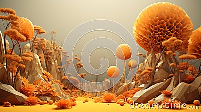 an orange landscape with trees and rocks Stock Photo