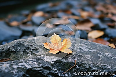 an orange leaf sits on top of a rock Stock Photo