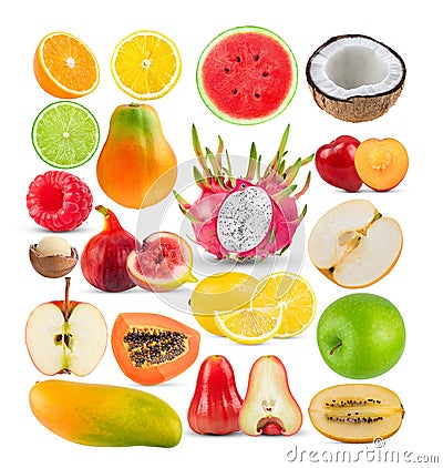 orange lemon lime watermelon coconut papaya Dragon fruit Rose apple fig Macadamia Plum pear apple mango raspberry, Stock Photo