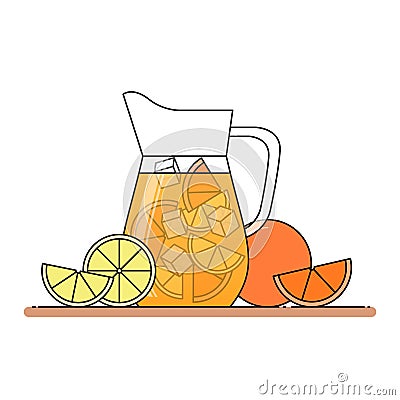 Orange lemonade with citrus slices, ice and meant in jug, cut lemon and orange. Isolated on white background. Vector Illustration