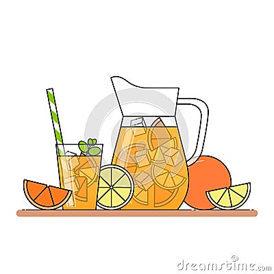 Orange lemonade with citrus slices, ice and meant in jug and glass with straw, cut lemon and orange. Isolated on white background. Vector Illustration