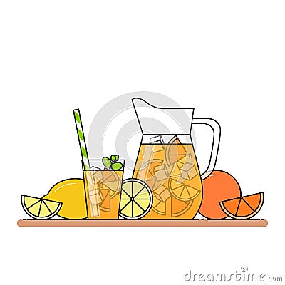 Orange lemonade with citrus slices, ice and meant in jug and glass with straw, cut lemon and orange. Isolated on white background. Vector Illustration
