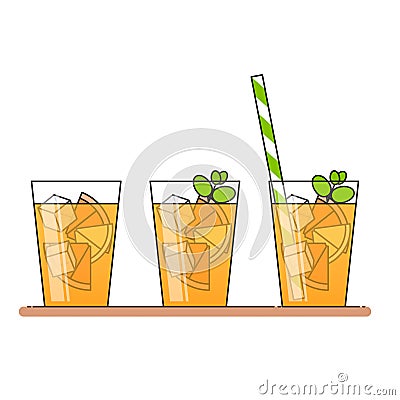 Orange lemonade with fruit slices, ice and meant in glass with straw, cut lemon and orange. on white background. Modern f Vector Illustration