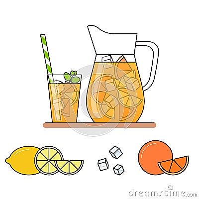 Orange lemonade with fruit slices, ice and meant in jug and glass with straw, cut lemon and orange. Isolated on white background. Vector Illustration