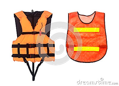 Orange Life Jacket and Orange vest isolated on white, clipping Stock Photo