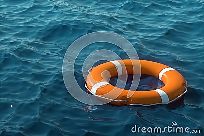 Orange Lifebuoy on the water. The concept of help, rescue, drowning, storm. Copy space. 3D illustration, 3D rendering Cartoon Illustration