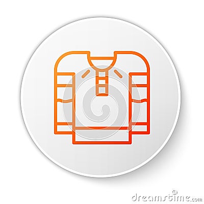 Orange line Embroidered shirt icon isolated on white background. National ukrainian clothing. White circle button Vector Illustration