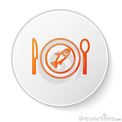 Orange line Served fish on a plate icon isolated on white background. White circle button. Vector. Vector Illustration