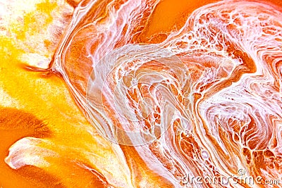 Orange liquid and white foam mixing raster background. Color fluid drops and splashes illustration. Golden bright Cartoon Illustration