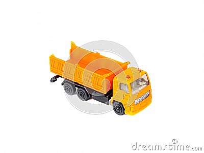 Orange lorry dump truck - children& x27;s toy on a white background. Stock Photo