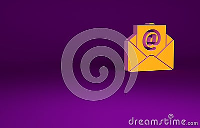 Orange Mail and e-mail icon isolated on purple background. Envelope symbol e-mail. Email message sign. Minimalism Cartoon Illustration