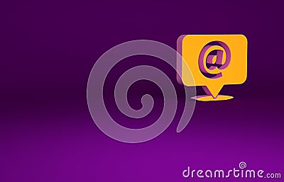 Orange Mail and e-mail on speech bubble icon isolated on purple background. Envelope symbol e-mail. Email message sign Cartoon Illustration