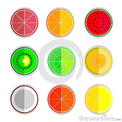 Orange mandarin lemon watermelon cantaloupe kiwi lime coconut grapefruit set icons Stock Photo