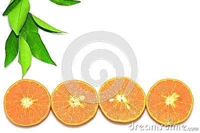 Orange mandarin or tangerine fruits, with green leaves on white background. Stock Photo