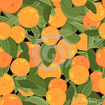 Orange mandarin tangerine with green leaves on black background. Seamless pattern. Juicy exotic citrus fruit harvest. Vector Illustration