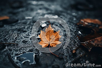 an orange maple leaf laying on the ground in the rain Stock Photo