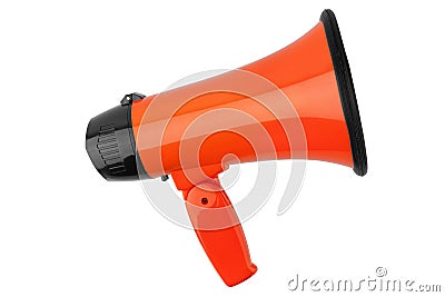 Orange megaphone on white background isolated close up, hand loudspeaker design, loud-hailer or speaking trumpet Stock Photo