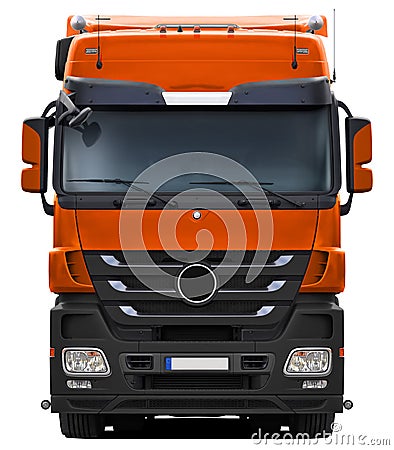 Orange Mercedes Actros truck with black plastic bumper. Stock Photo