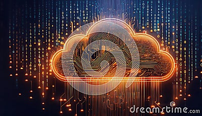 An orange microcircuit in the shape of a cloud on a dark background with coding and programming numbers Stock Photo
