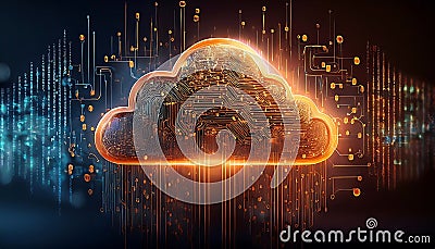 An orange microcircuit in the shape of a cloud on a dark background with coding and programming numbers Stock Photo