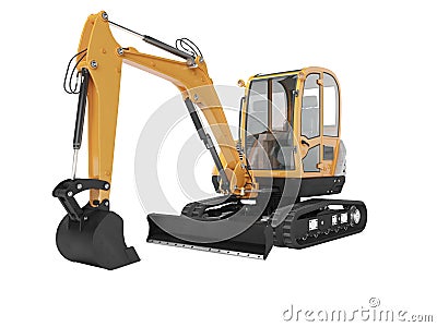 Orange mini excavator with hydraulic mechlopatoy on crawler rubber track with leveling bucket 3d render on white background no Stock Photo