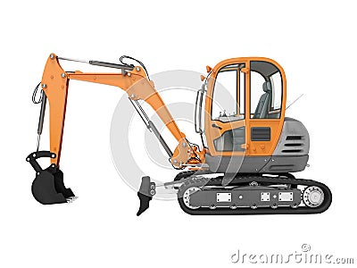 Orange mini tracked excavator left view 3d render on white background no shadow Stock Photo