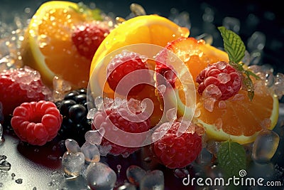 Orange, mint and raspberry fruit ice, refreshing fruity icecream, AI Generated Cartoon Illustration