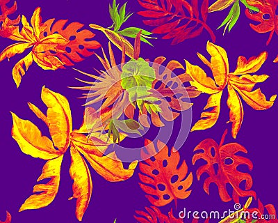 Orange Monstera Design. Pink Watercolor Textile. Yellow Banana Leaf Painting. Purple Seamless Palm. Neon Pattern Texture. Tropical Stock Photo