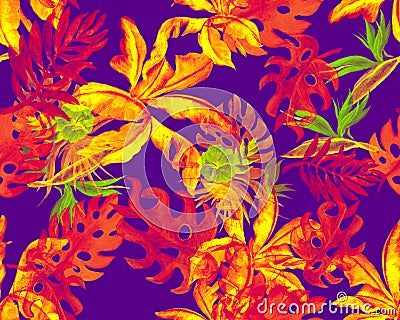 Orange Monstera Plant. Pink Watercolor Design. Purple Banana Leaf Foliage. Neon Seamless Design. Violet Pattern Texture. Tropical Stock Photo