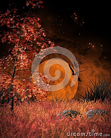 Orange Moon landscape Stock Photo
