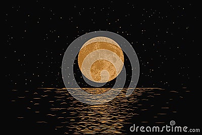 Orange moon reflecting in a sea Vector Illustration