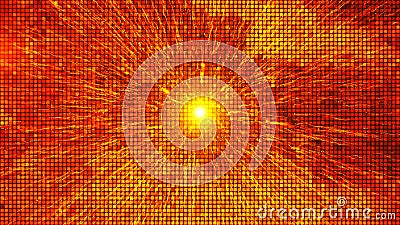 Orange mosaic background. Abstract red led squares and yellow particles, rays. Fire pixel grid background. Vector Vector Illustration