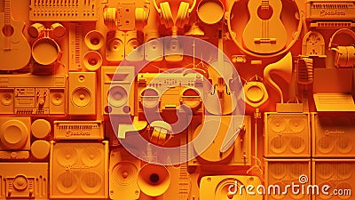 Orange Musical Instrument Wall Vibrant Music Equipment Cartoon Illustration